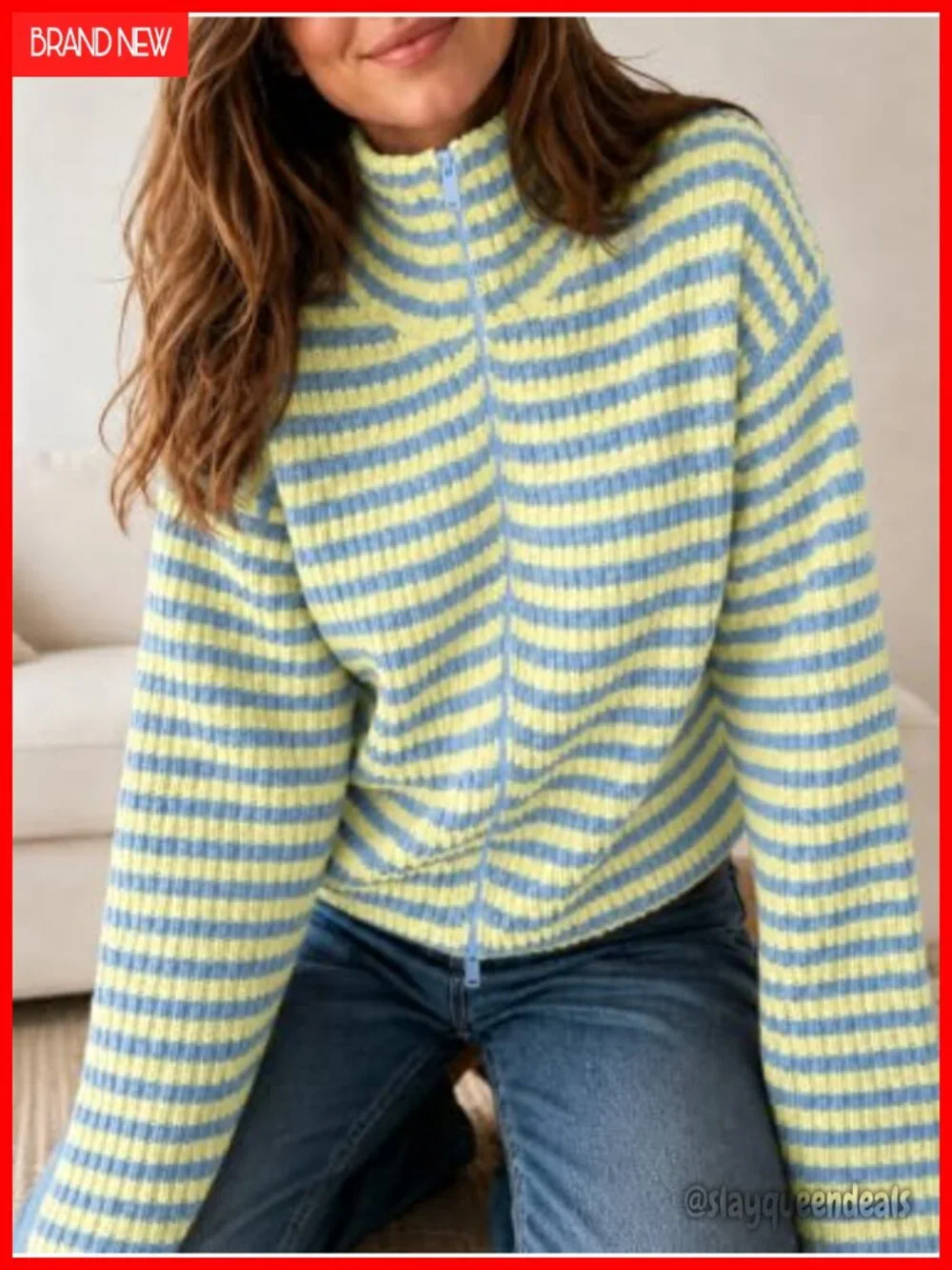 Striped Zip Up Sweater Mock Neck Long Sleeve Loose Fit Knit Cardigan Top